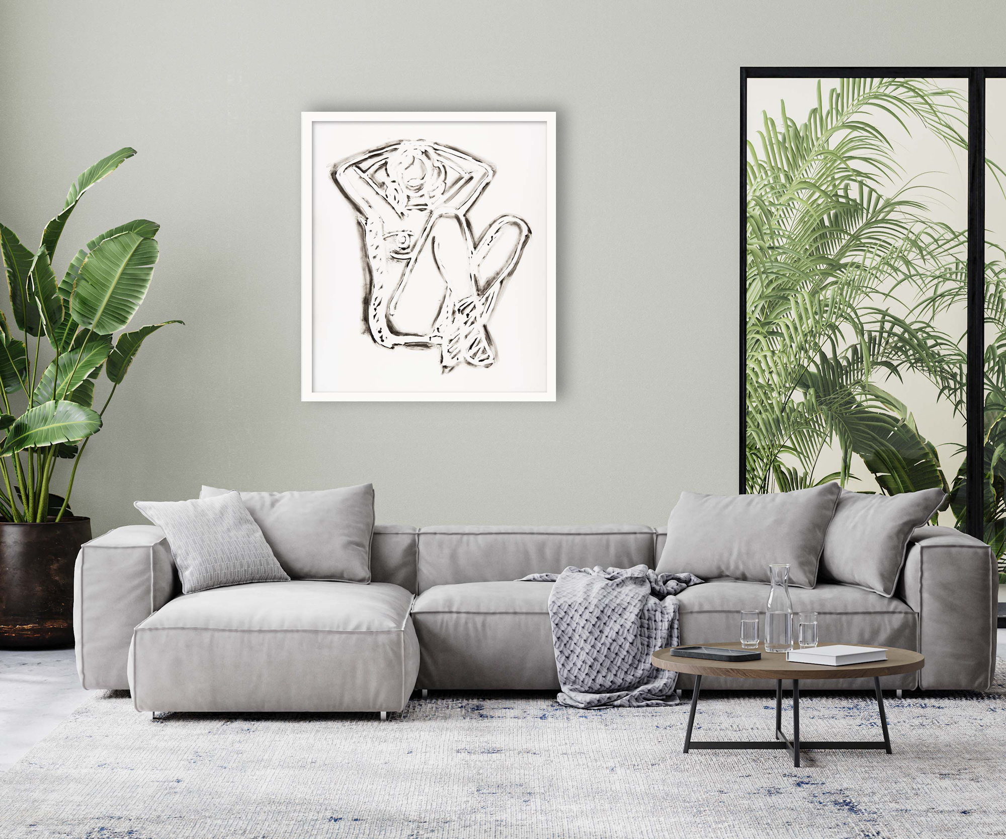 living room interior mock up in gray tones with tropical palm tree leaves,  3d rendering
